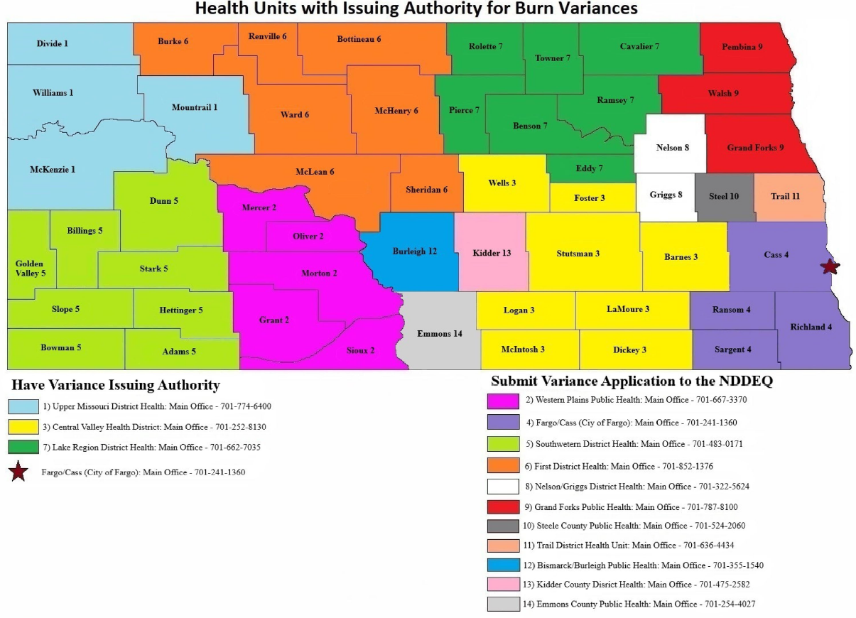 Map of North Dakota Public Health Units showing Burn Variance authorities.