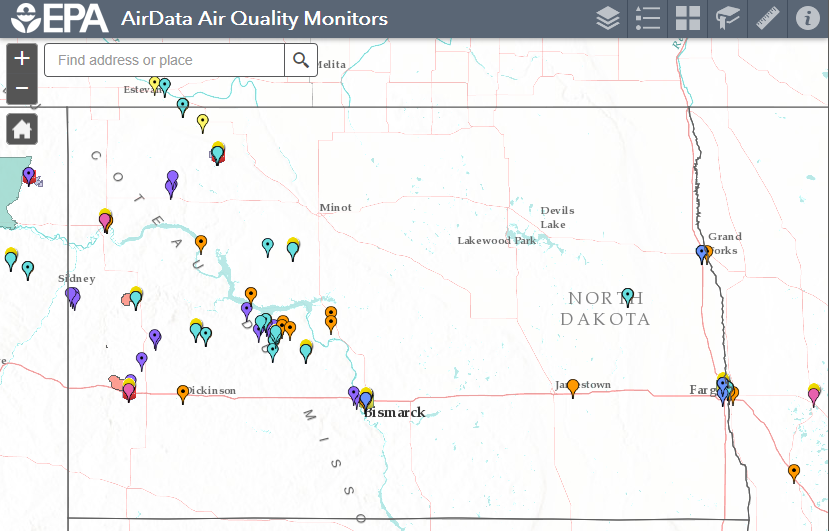 Air quality monitoring stations in North Dakota